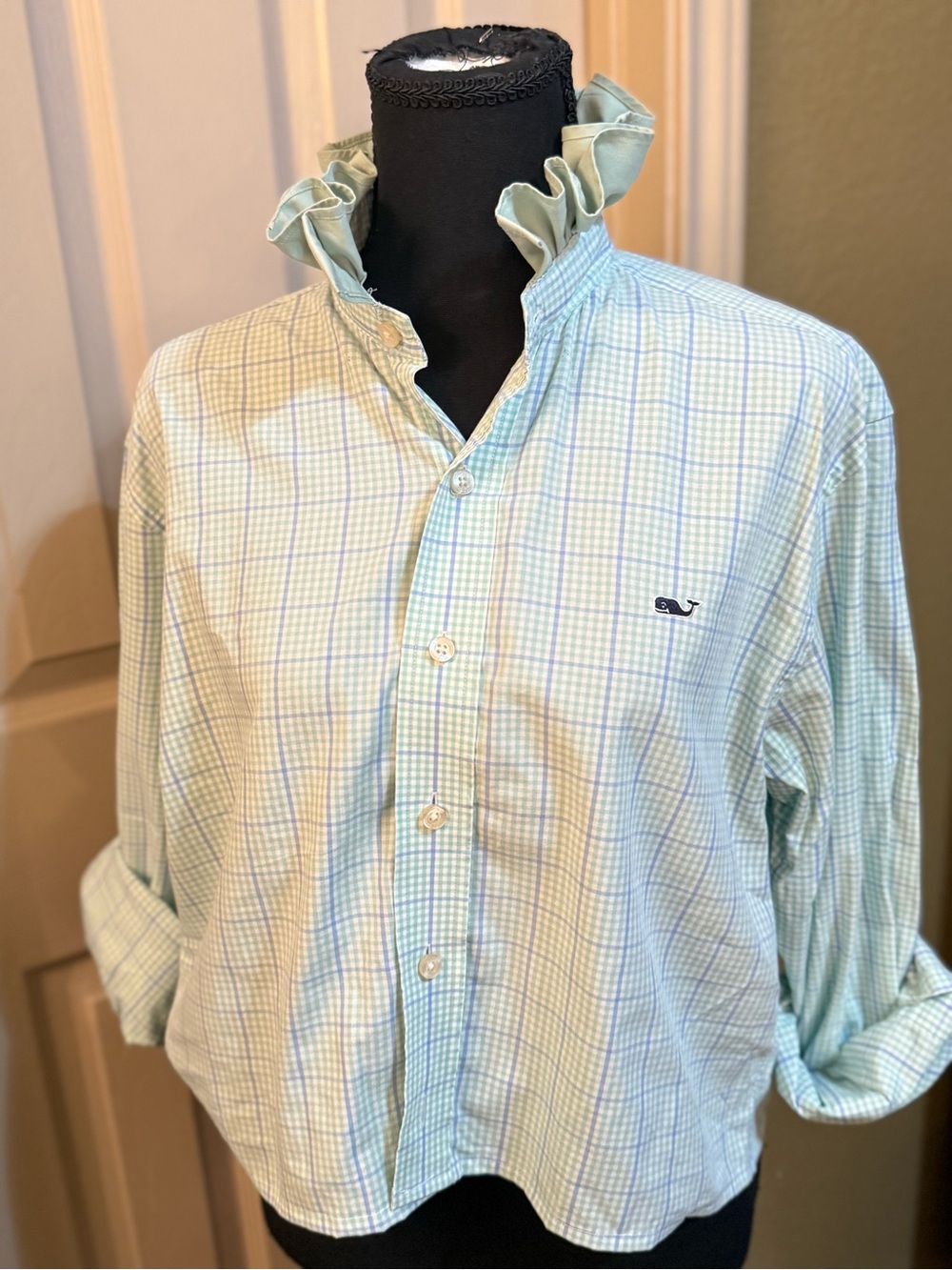Upcycled Vineyard Vines Light Green and White Plaid Button-Down Shirt